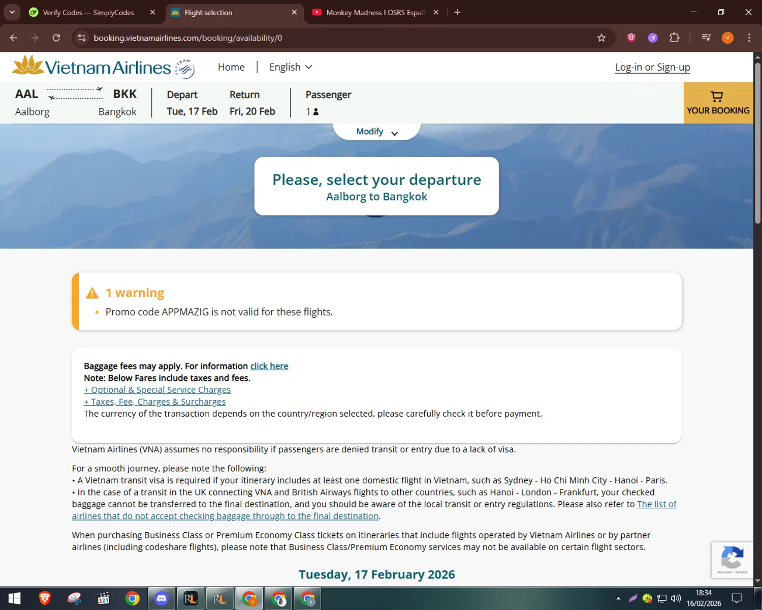 Vietnam Airlines promo code screenshot showing code APPMAZIG applied at Vietnam Airlines checkout page. Uploaded by SimplyCodes community member bulbasaur69 on Feb 16, 2026