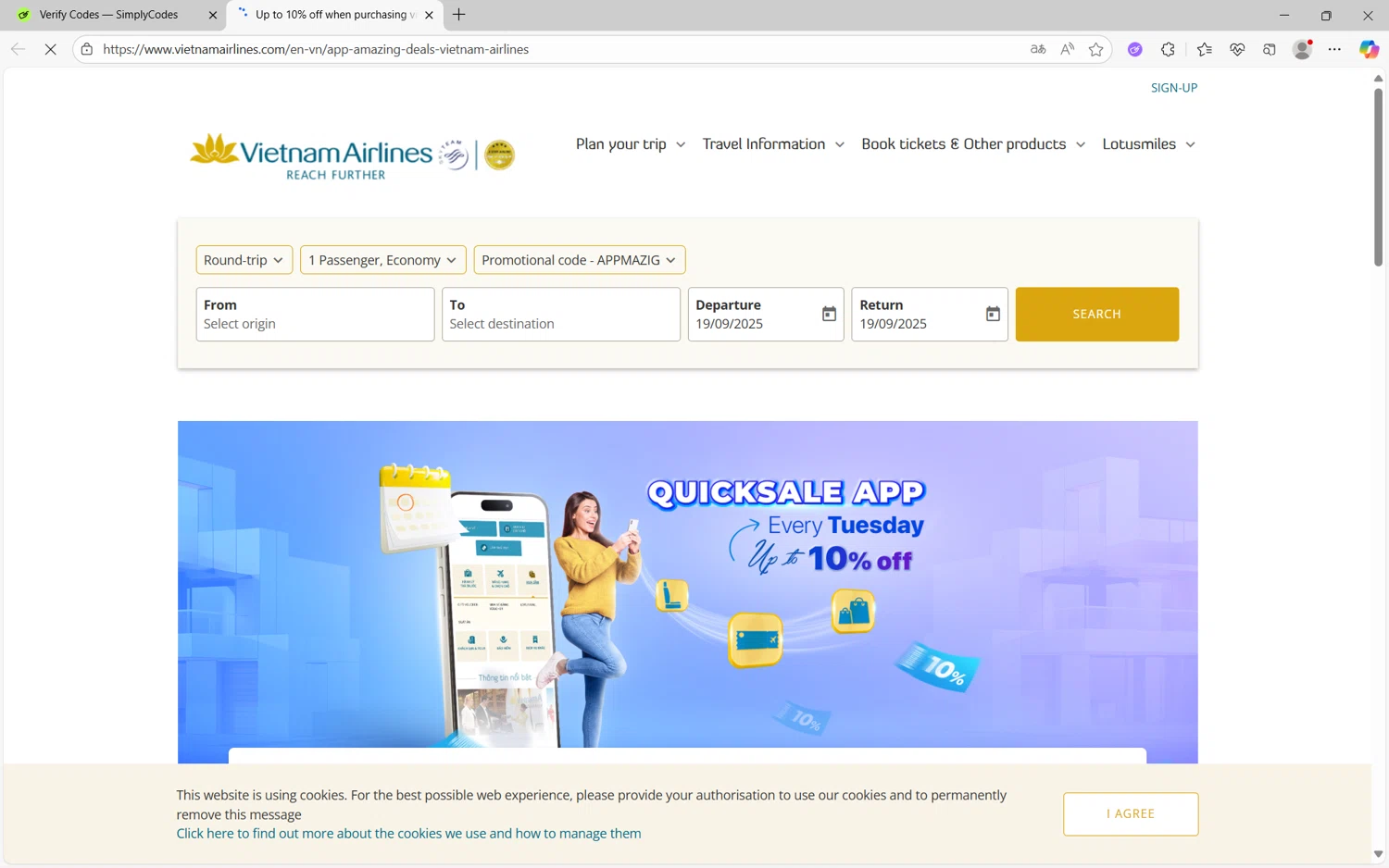 Vietnam Airlines promo code screenshot showing code APPMAZIG applied at Vietnam Airlines checkout page. Uploaded by SimplyCodes community member juan1702 on Sep 19, 2025