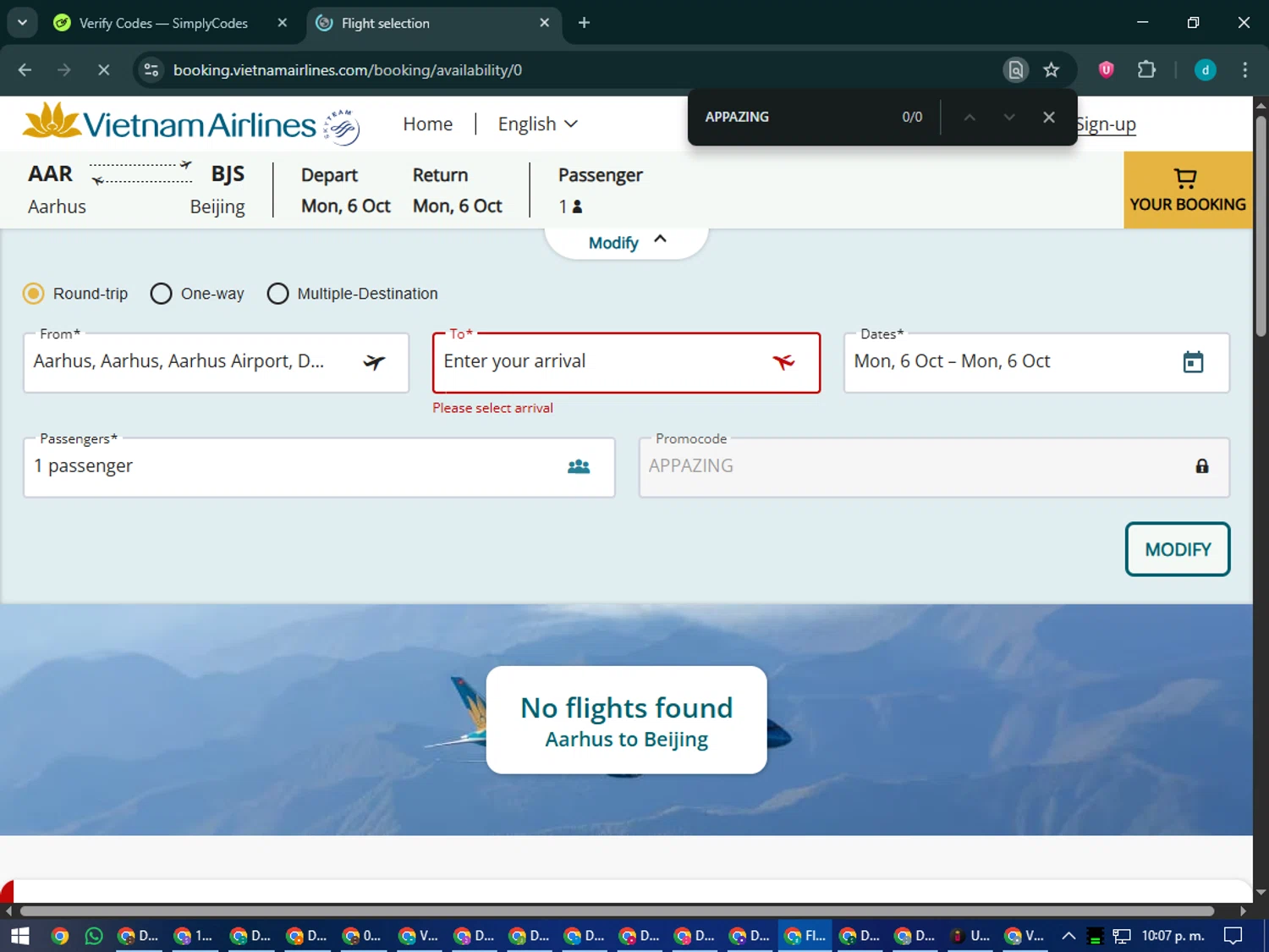 Vietnam Airlines promo code screenshot showing code APPAZING applied at Vietnam Airlines checkout page. Uploaded by SimplyCodes community member CodeMaverick5767 on Oct 7, 2025