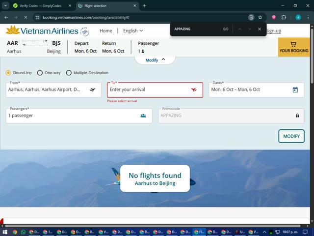 Vietnam Airlines checkout page showing Vietnam Airlines promo code box | Screenshot taken by SimplyCodes community member on Oct 7, 2025