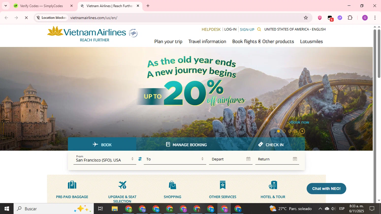 Vietnam Airlines promo code screenshot showing code LOTUS5 applied at Vietnam Airlines checkout page. Uploaded by SimplyCodes community member ValuePilot6849 on Nov 6, 2025