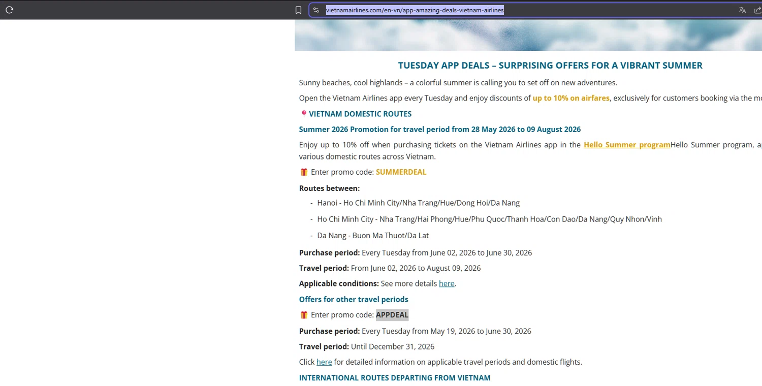Vietnam Airlines promo code screenshot showing code APPDEAL applied at Vietnam Airlines checkout page. Uploaded by SimplyCodes community member Dejadepicharme on Jun 3, 2026