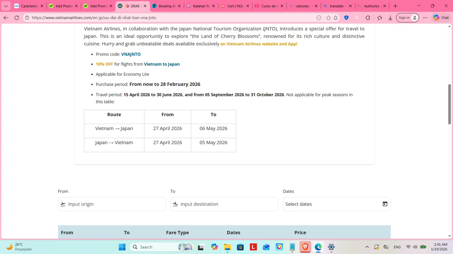 Vietnam Airlines promo code screenshot showing code VNAJNTO applied at Vietnam Airlines checkout page. Uploaded by SimplyCodes community member cosita on Jan 19, 2026