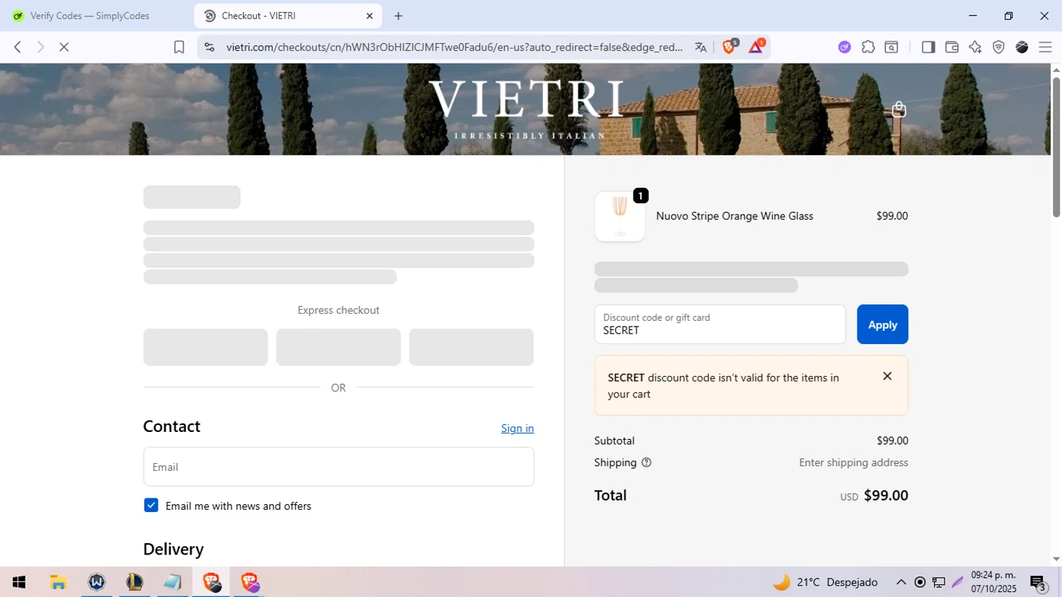 Vietri coupon code screenshot showing code SECRET applied at Vietri checkout page. Uploaded by SimplyCodes community member DiscountDefender1226 on Oct 8, 2025