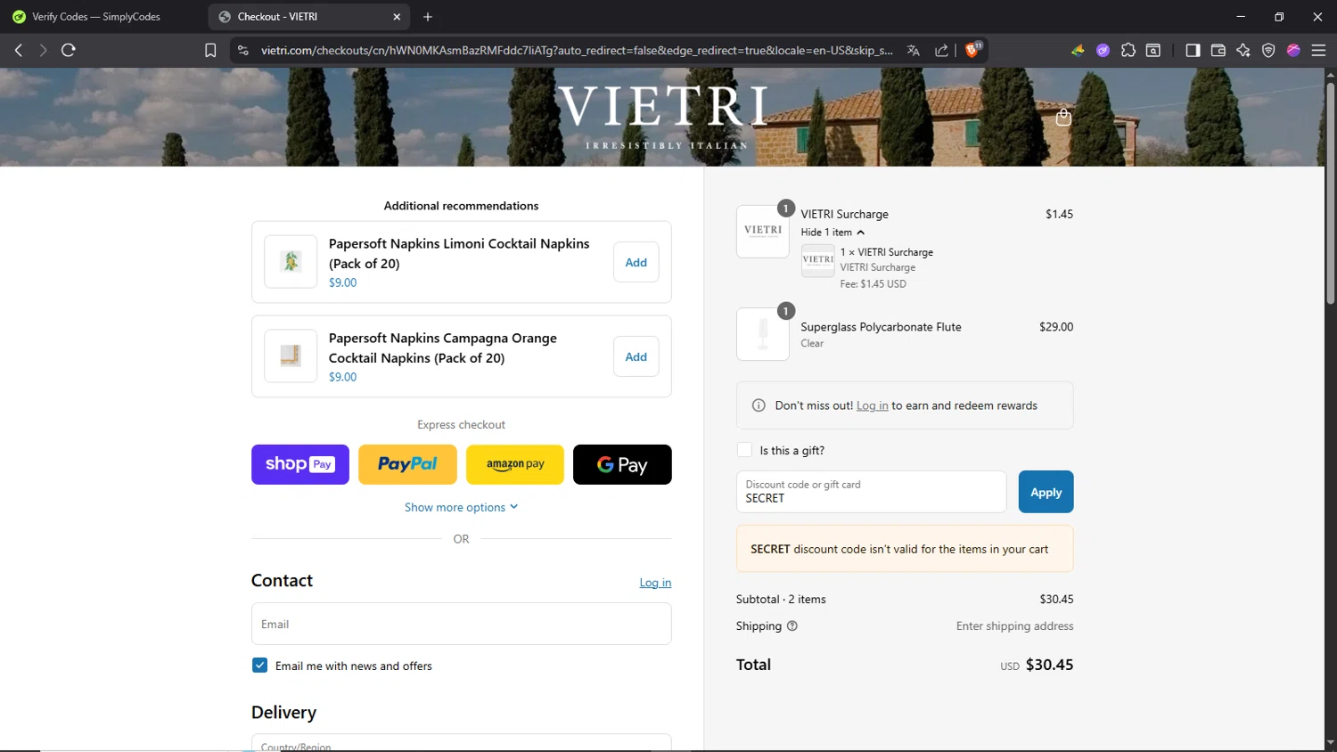 Vietri coupon code screenshot showing code SECRET applied at Vietri checkout page. Uploaded by SimplyCodes community member Morrachida04 on Jul 7, 2025