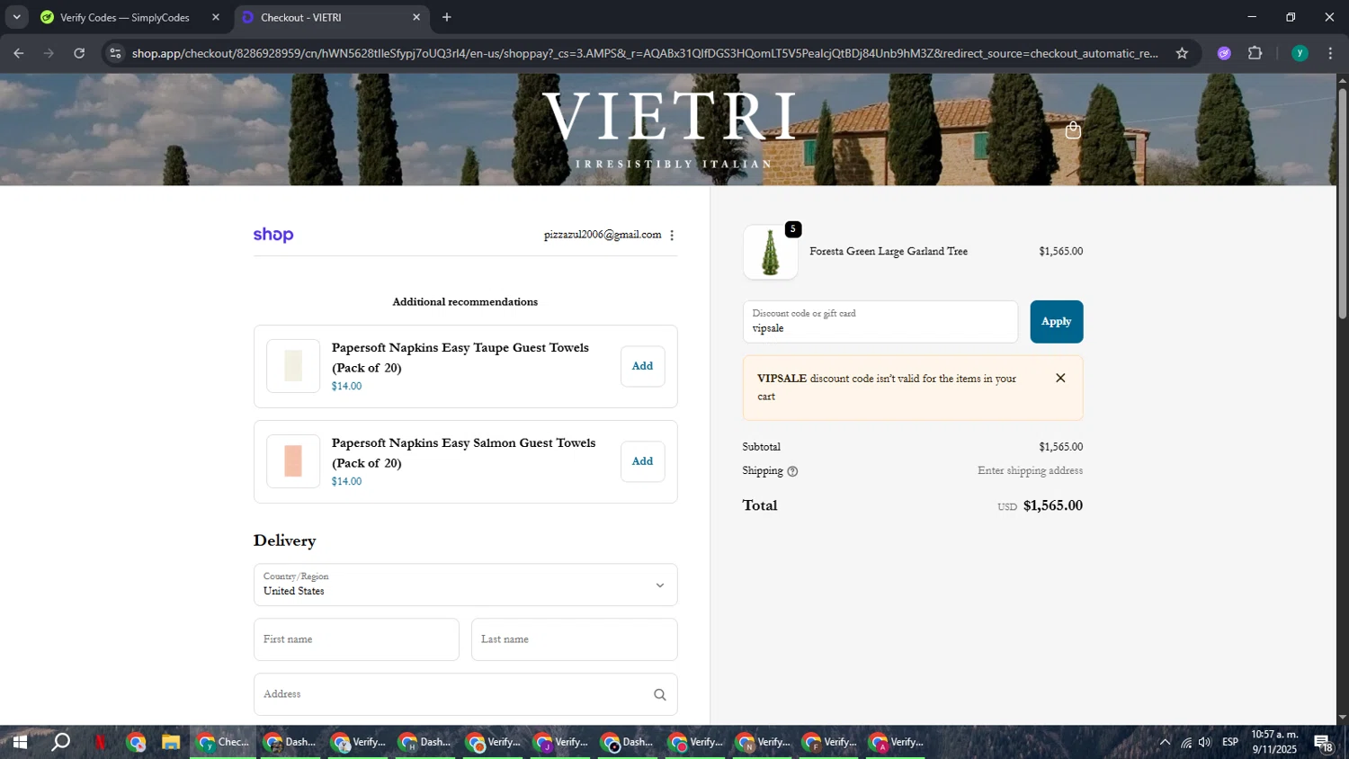 Vietri coupon code screenshot showing code vipsale applied at Vietri checkout page. Uploaded by SimplyCodes community member FrugalCaptain6906 on Nov 9, 2025