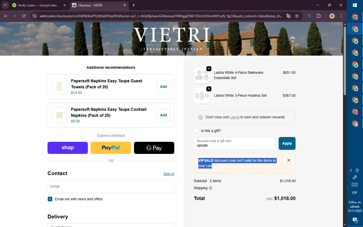 Vietri coupon code screenshot showing code vipsale applied at Vietri checkout page. Uploaded by SimplyCodes community member PromoVoyager8446 on Nov 15, 2025