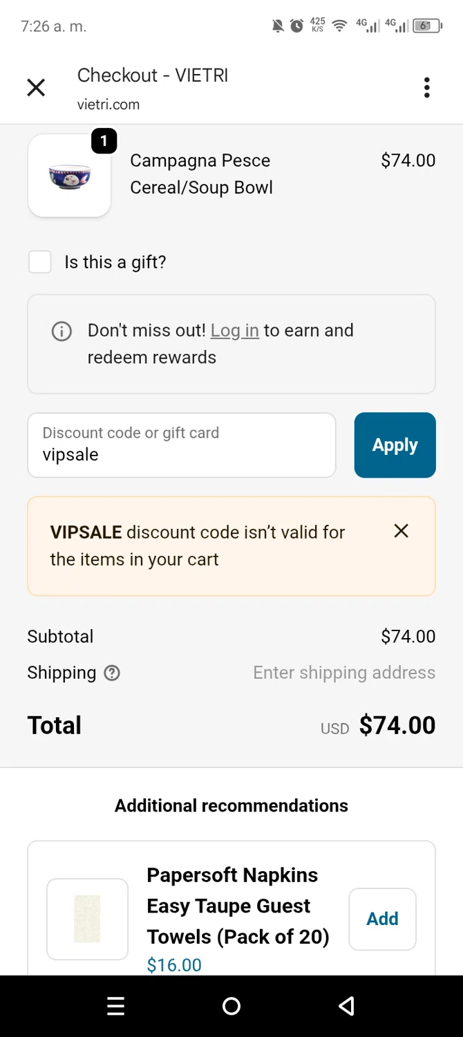 Vietri coupon code screenshot showing code vipsale applied at Vietri checkout page. Uploaded by SimplyCodes community member leiraM on Dec 6, 2025