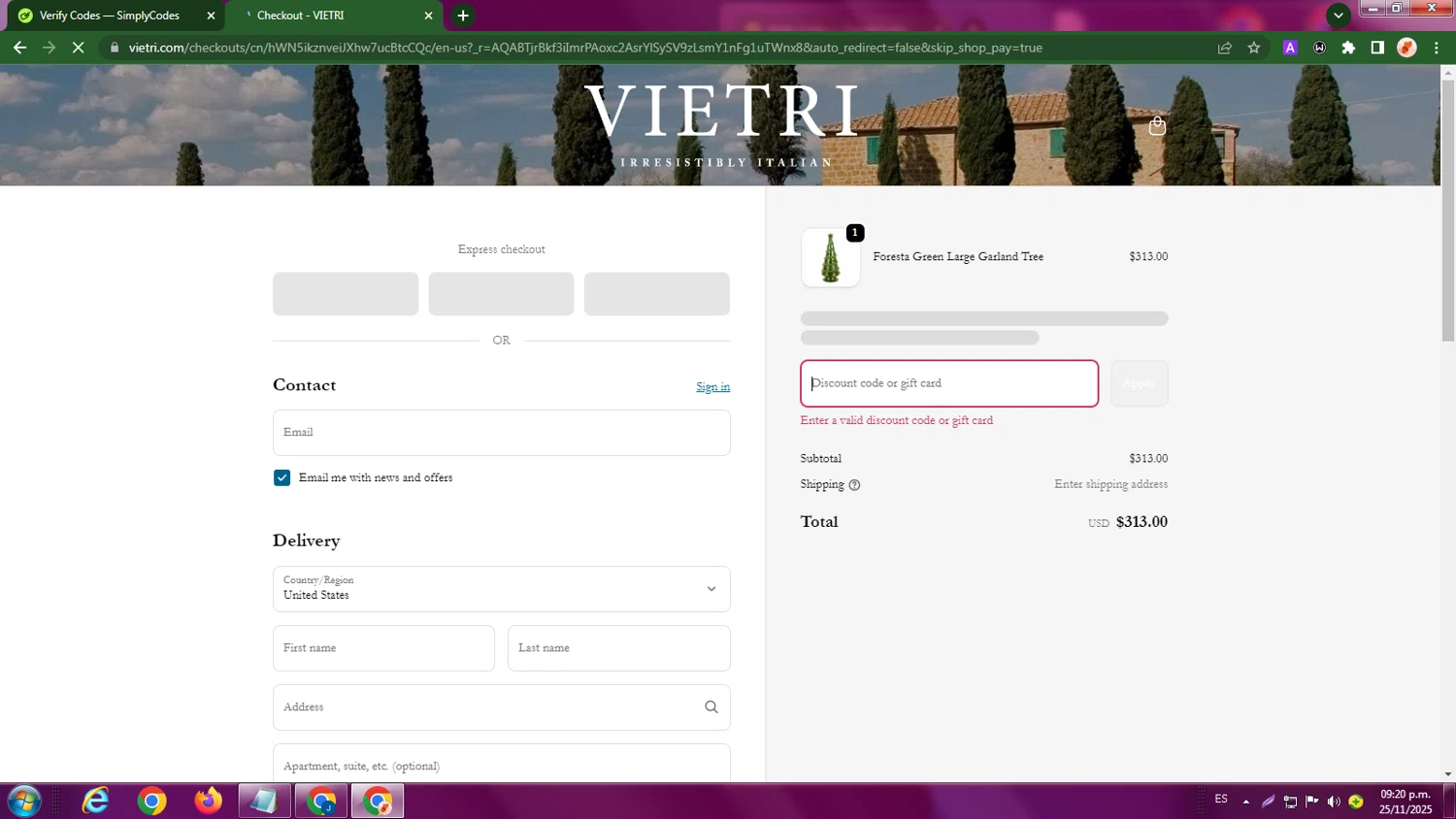 Vietri coupon code screenshot showing code bfvip applied at Vietri checkout page. Uploaded by SimplyCodes community member LegendaryBoss7060 on Nov 26, 2025