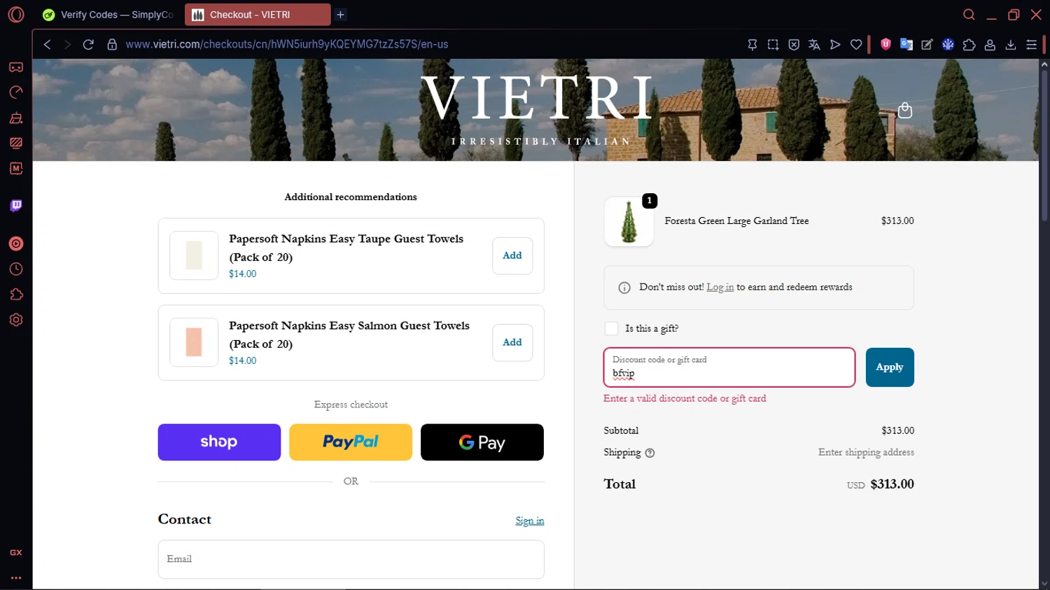 Vietri coupon code screenshot showing code bfvip applied at Vietri checkout page. Uploaded by SimplyCodes community member MoneySentinel1166 on Nov 26, 2025