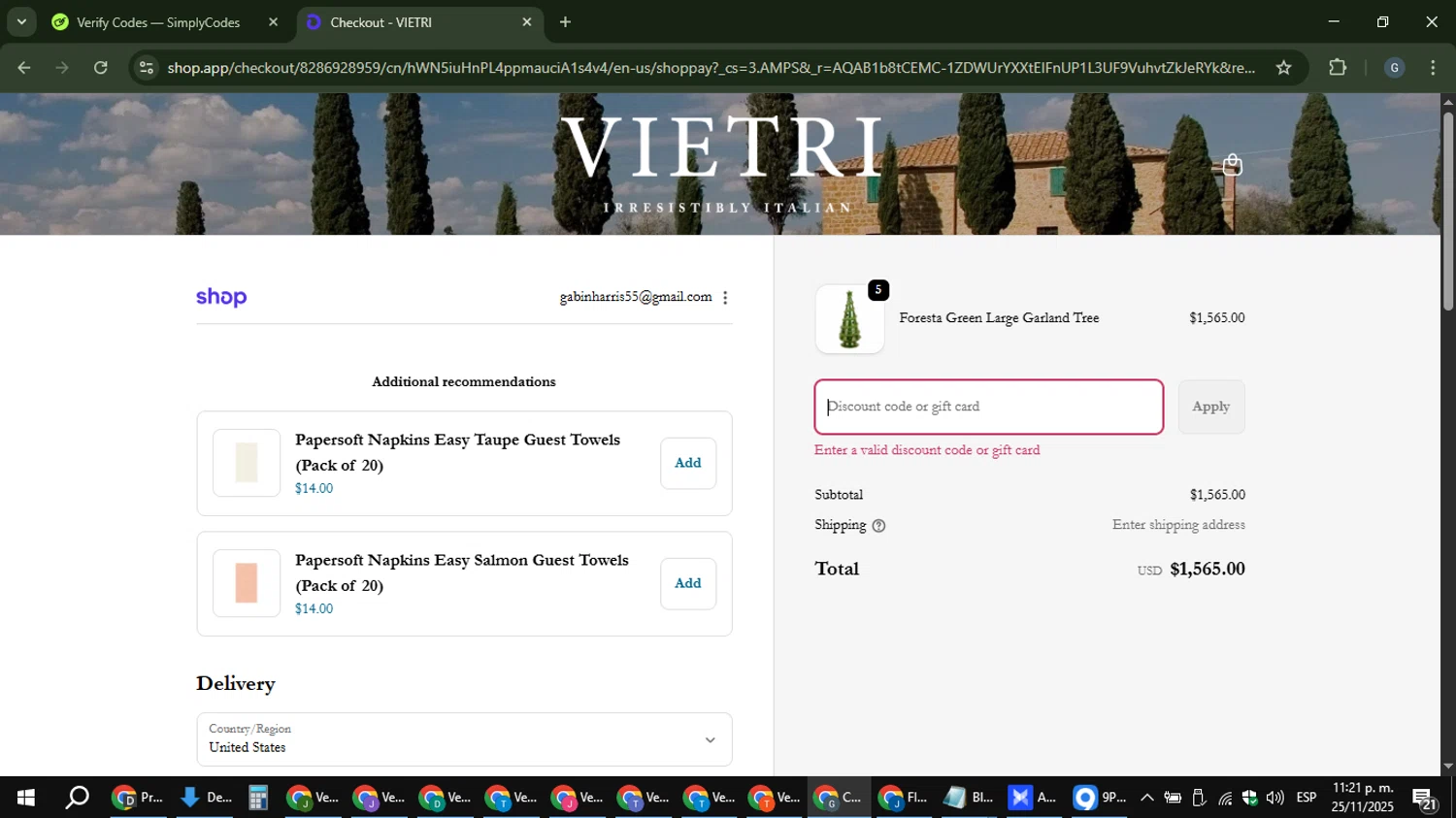 Vietri coupon code screenshot showing code bfvip applied at Vietri checkout page. Uploaded by SimplyCodes community member gabinharris55 on Nov 26, 2025