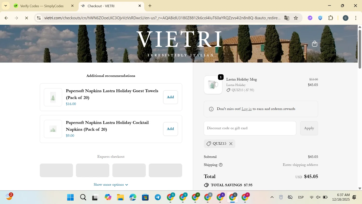 Vietri coupon code screenshot showing code QUIZ15 applied at Vietri checkout page. Uploaded by SimplyCodes community member SaleVirtuoso3791 on Dec 18, 2025