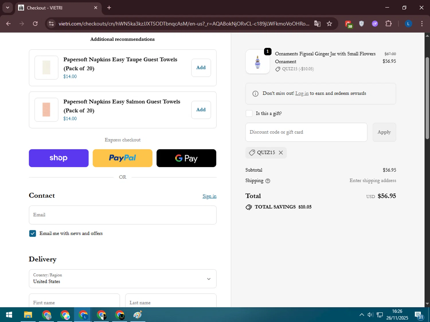 Vietri coupon code screenshot showing code QUIZ15 applied at Vietri checkout page. Uploaded by SimplyCodes community member LegendaryLegend5536 on Nov 26, 2025