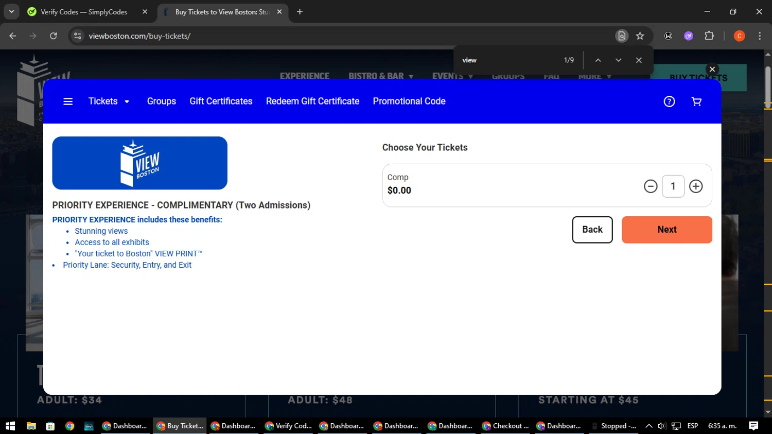 View Boston promo code screenshot showing code view applied at View Boston checkout page. Uploaded by SimplyCodes community member NatanaelCano on Aug 12, 2025