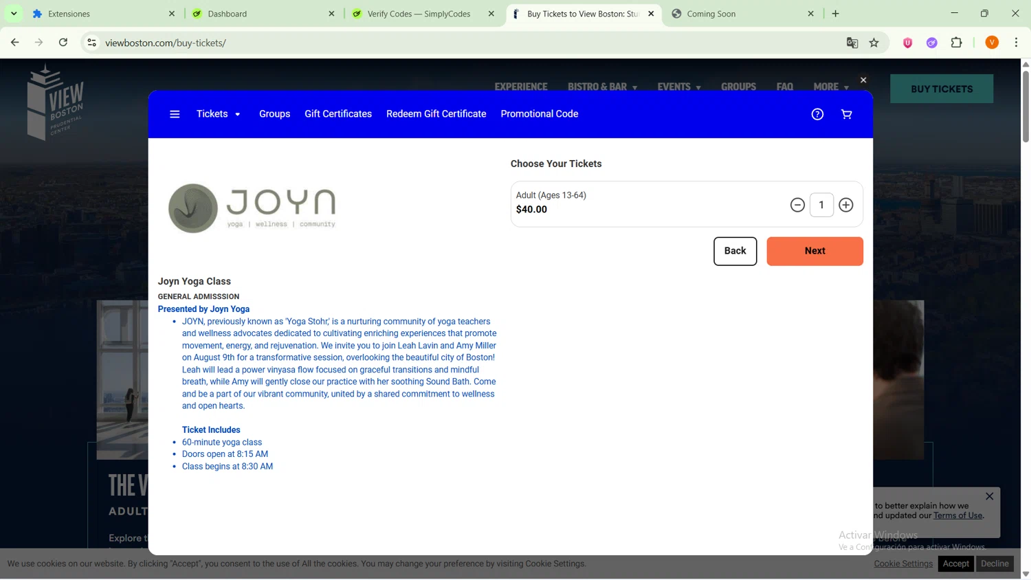View Boston promo code screenshot showing code STOHR2024 applied at View Boston checkout page. Uploaded by SimplyCodes community member RebateSaver5991 on Oct 9, 2025