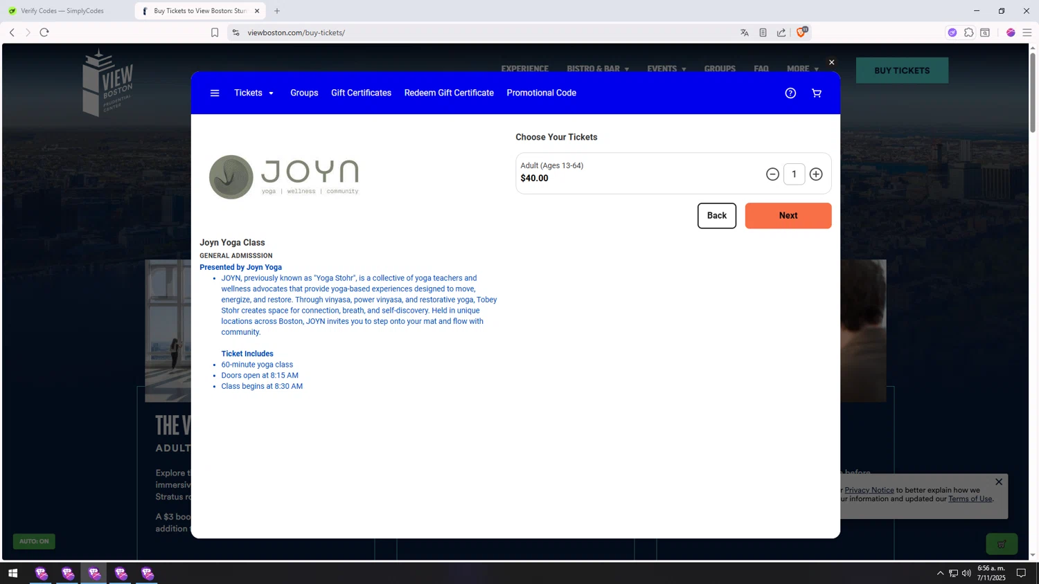 View Boston promo code screenshot showing code STOHR2024 applied at View Boston checkout page. Uploaded by SimplyCodes community member usercode1234 on Nov 7, 2025