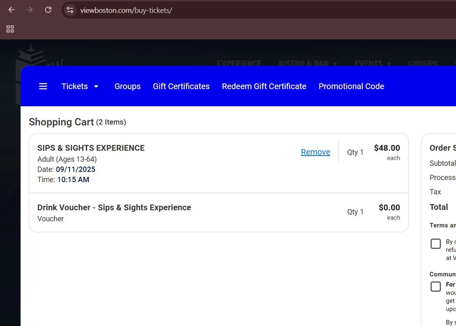 View Boston promo code screenshot showing code BOSTONBODY25 applied at View Boston checkout page. Uploaded by SimplyCodes community member Milaya on Sep 10, 2025