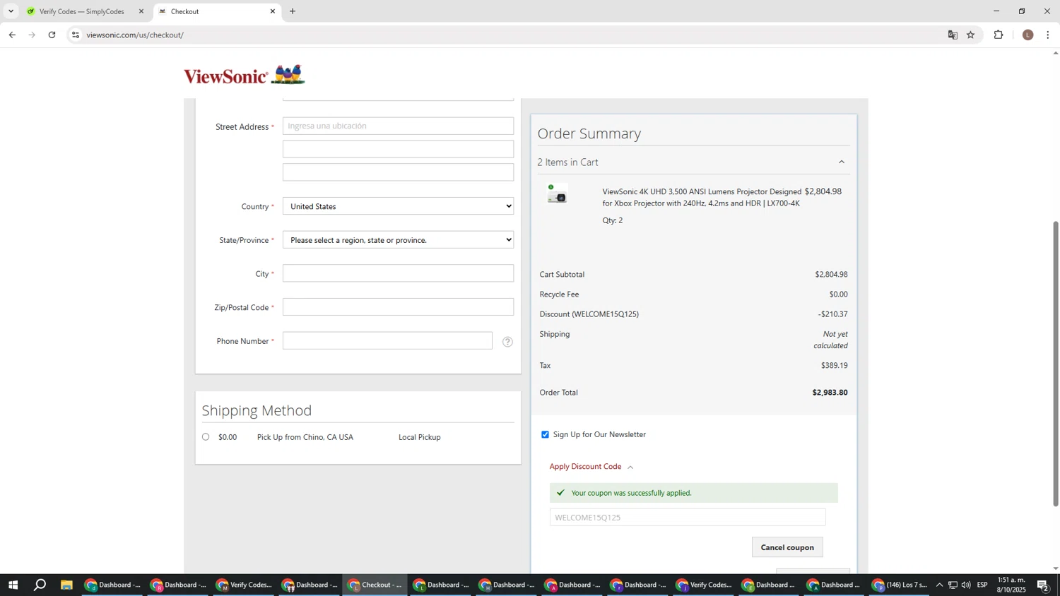 ViewSonic discount code screenshot showing code WELCOME15Q125 applied at ViewSonic checkout page. Uploaded by SimplyCodes community member BENELLI on Oct 8, 2025