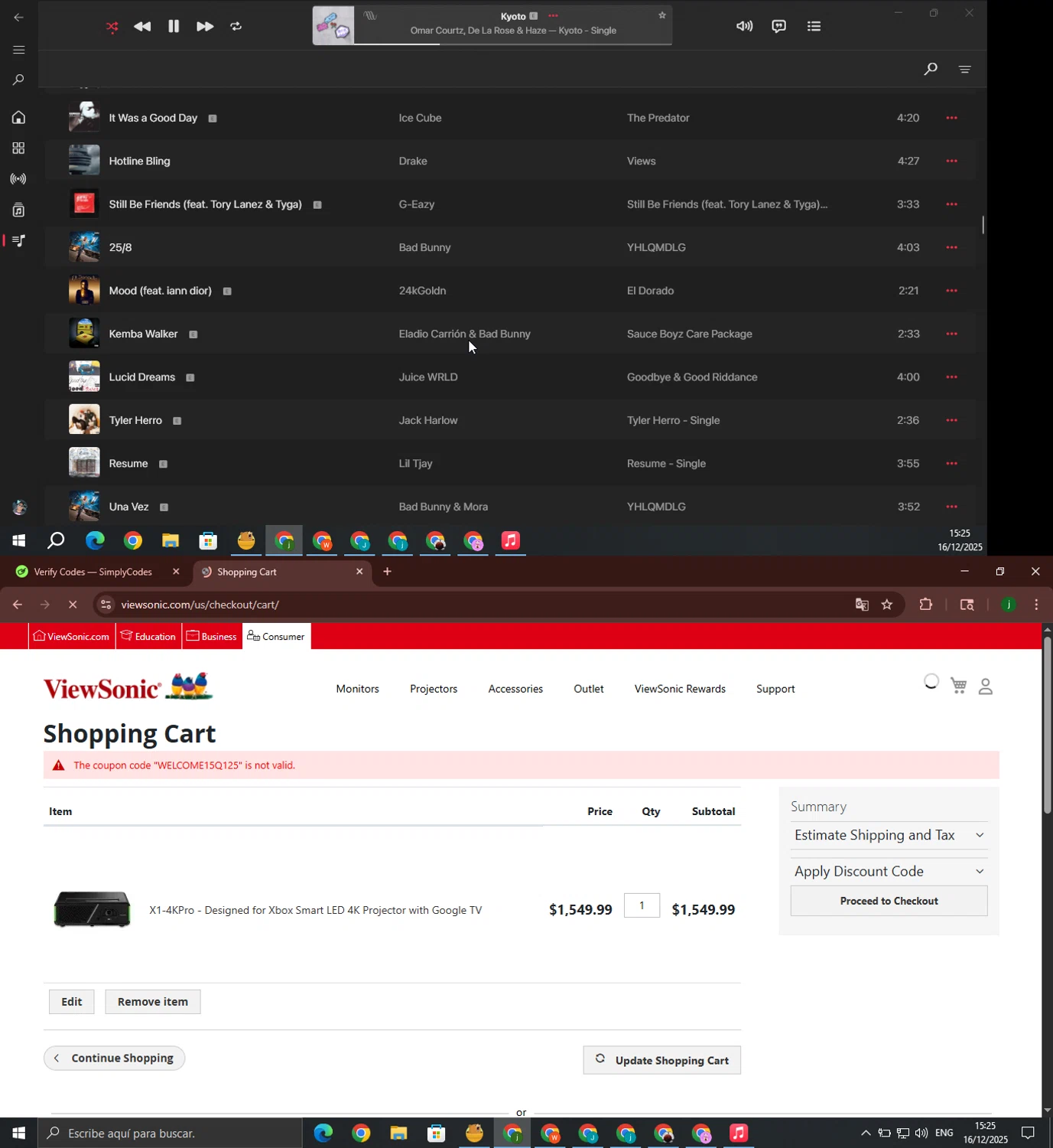 ViewSonic discount code screenshot showing code WELCOME15Q125 applied at ViewSonic checkout page. Uploaded by SimplyCodes community member jorgeroz on Dec 16, 2025