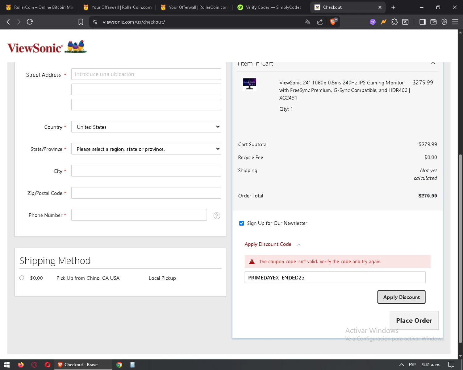 ViewSonic discount code screenshot showing code PRIMEDAYEXTENDED25 applied at ViewSonic checkout page. Uploaded by SimplyCodes community member mixelis on Aug 20, 2025