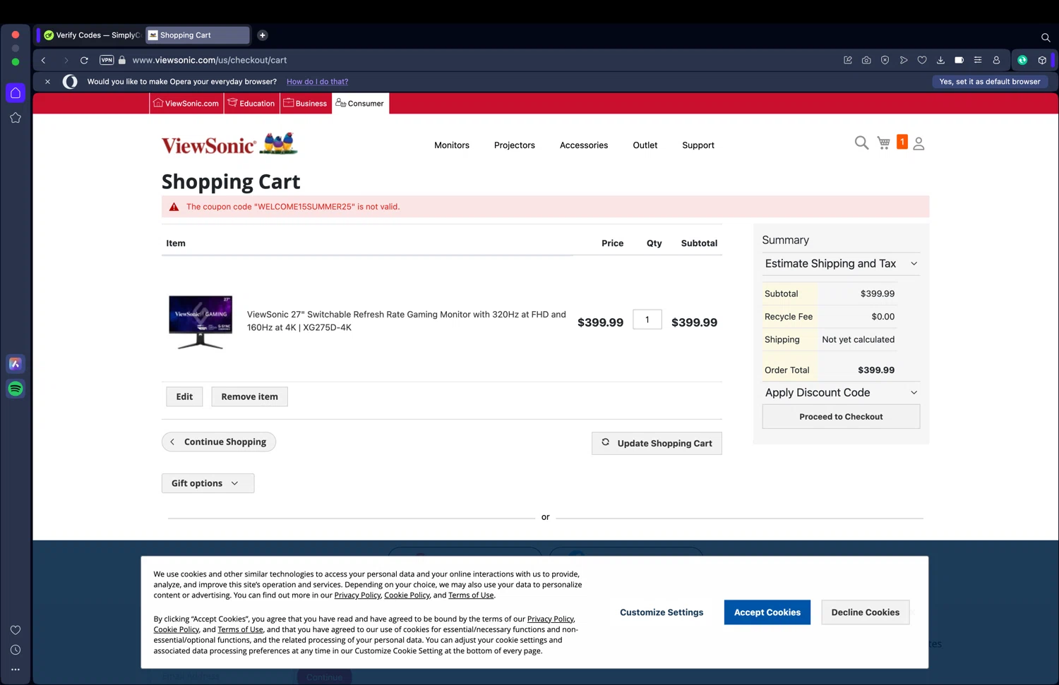 ViewSonic discount code screenshot showing code WELCOME15SUMMER25 applied at ViewSonic checkout page. Uploaded by SimplyCodes community member DiscountSleuth2229 on Aug 19, 2025