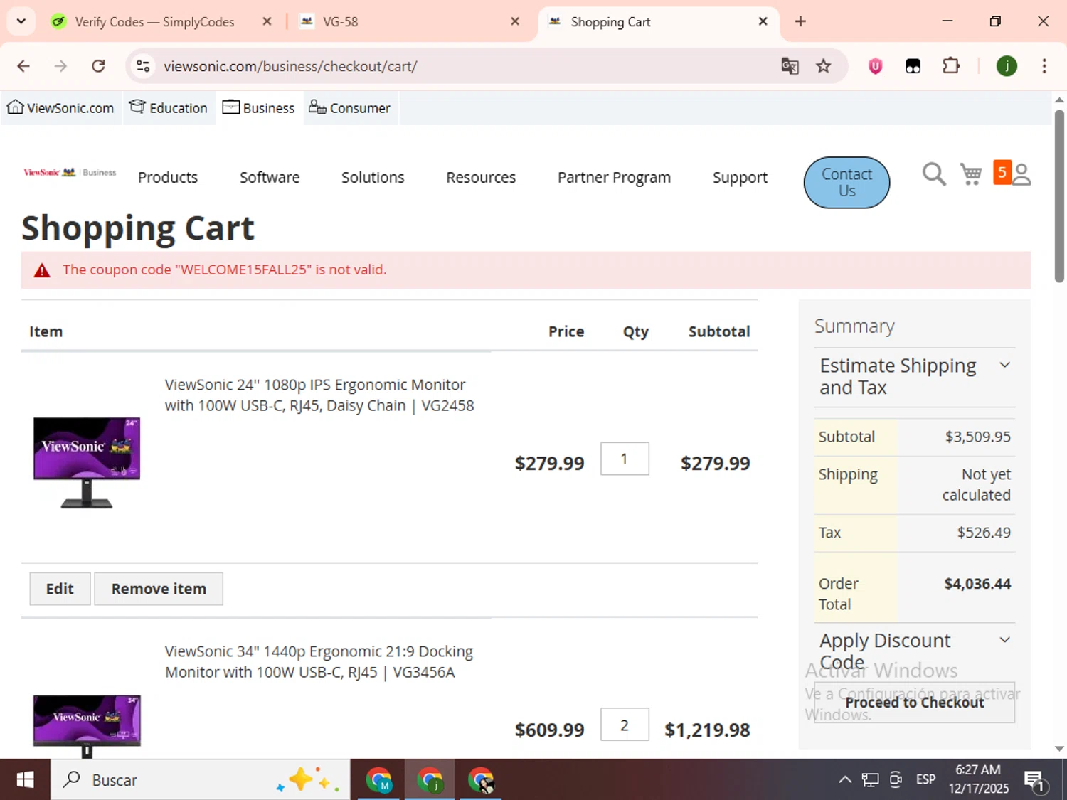 ViewSonic discount code screenshot showing code WELCOME15FALL25 applied at ViewSonic checkout page. Uploaded by SimplyCodes community member SavingsCollector2592 on Dec 17, 2025