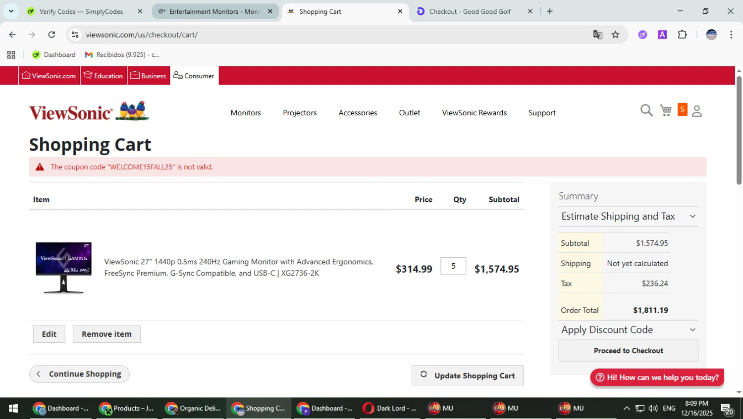 ViewSonic discount code screenshot showing code WELCOME15FALL25 applied at ViewSonic checkout page. Uploaded by SimplyCodes community member TrevorPhilips on Dec 17, 2025