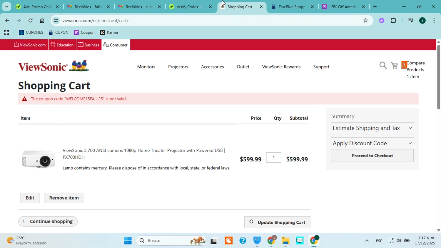 ViewSonic discount code screenshot showing code WELCOME15FALL25 applied at ViewSonic checkout page. Uploaded by SimplyCodes community member jorgejavierherrera on Dec 17, 2025