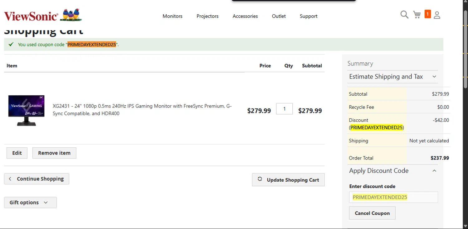 ViewSonic discount code screenshot showing code PRIMEDAYEXTENDED25 applied at ViewSonic checkout page. Uploaded by SimplyCodes community member RickhiK on Jul 22, 2025