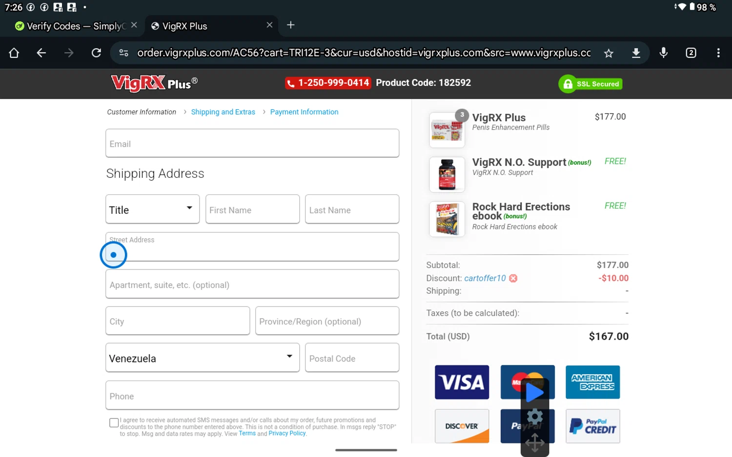 VigRX Plus discount code screenshot showing code CARTOFFER10 applied at VigRX Plus checkout page. Uploaded by SimplyCodes community member Bope_________ on Feb 9, 2025