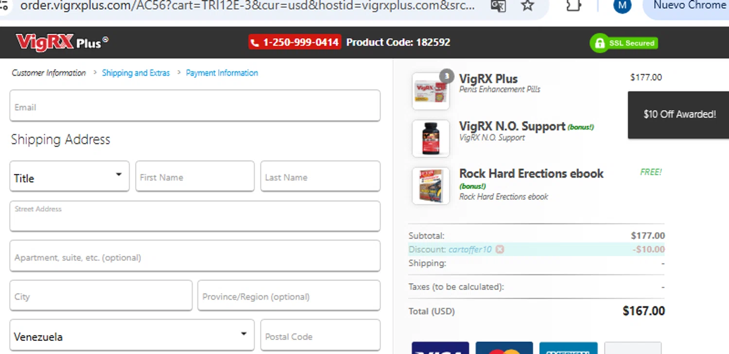 VigRX Plus discount code screenshot showing code CARTOFFER10 applied at VigRX Plus checkout page. Uploaded by SimplyCodes community member PennyOwl2559 on Feb 9, 2025