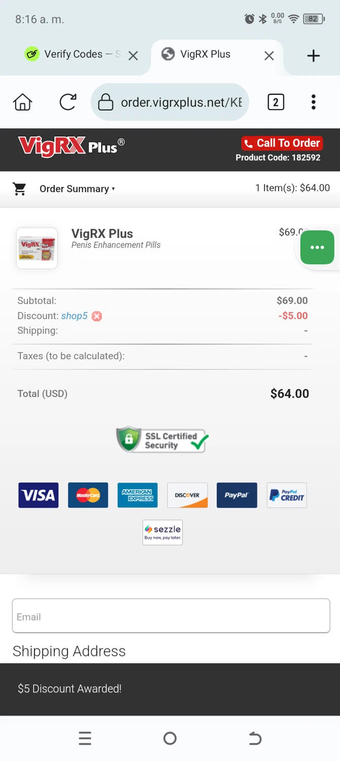 VigRX Plus discount code screenshot showing code SHOP5 applied at VigRX Plus checkout page. Uploaded by SimplyCodes community member SavingsWarden235 on Jun 1, 2025