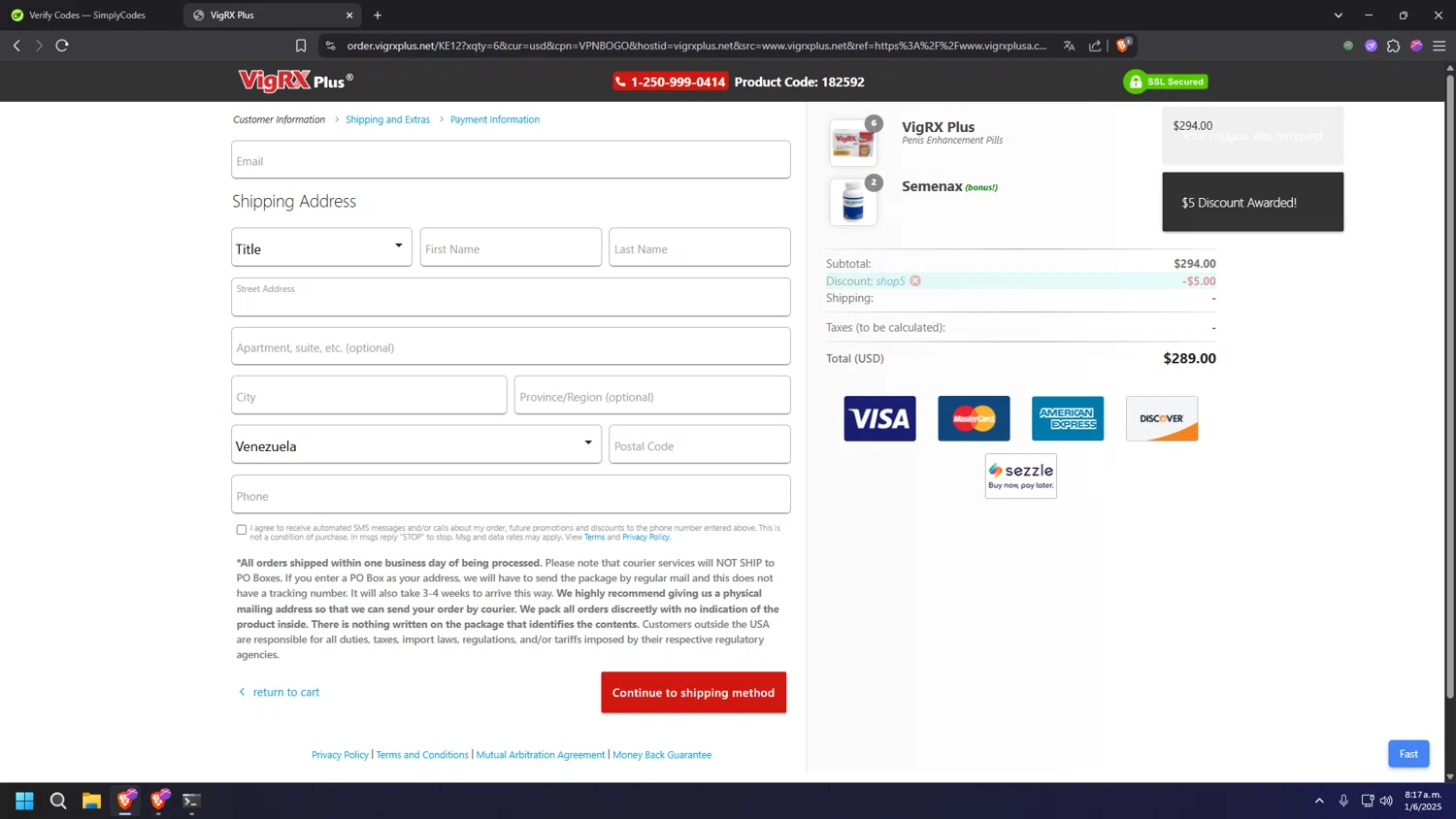VigRX Plus discount code screenshot showing code SHOP5 applied at VigRX Plus checkout page. Uploaded by SimplyCodes community member INSECTOS on Jun 1, 2025
