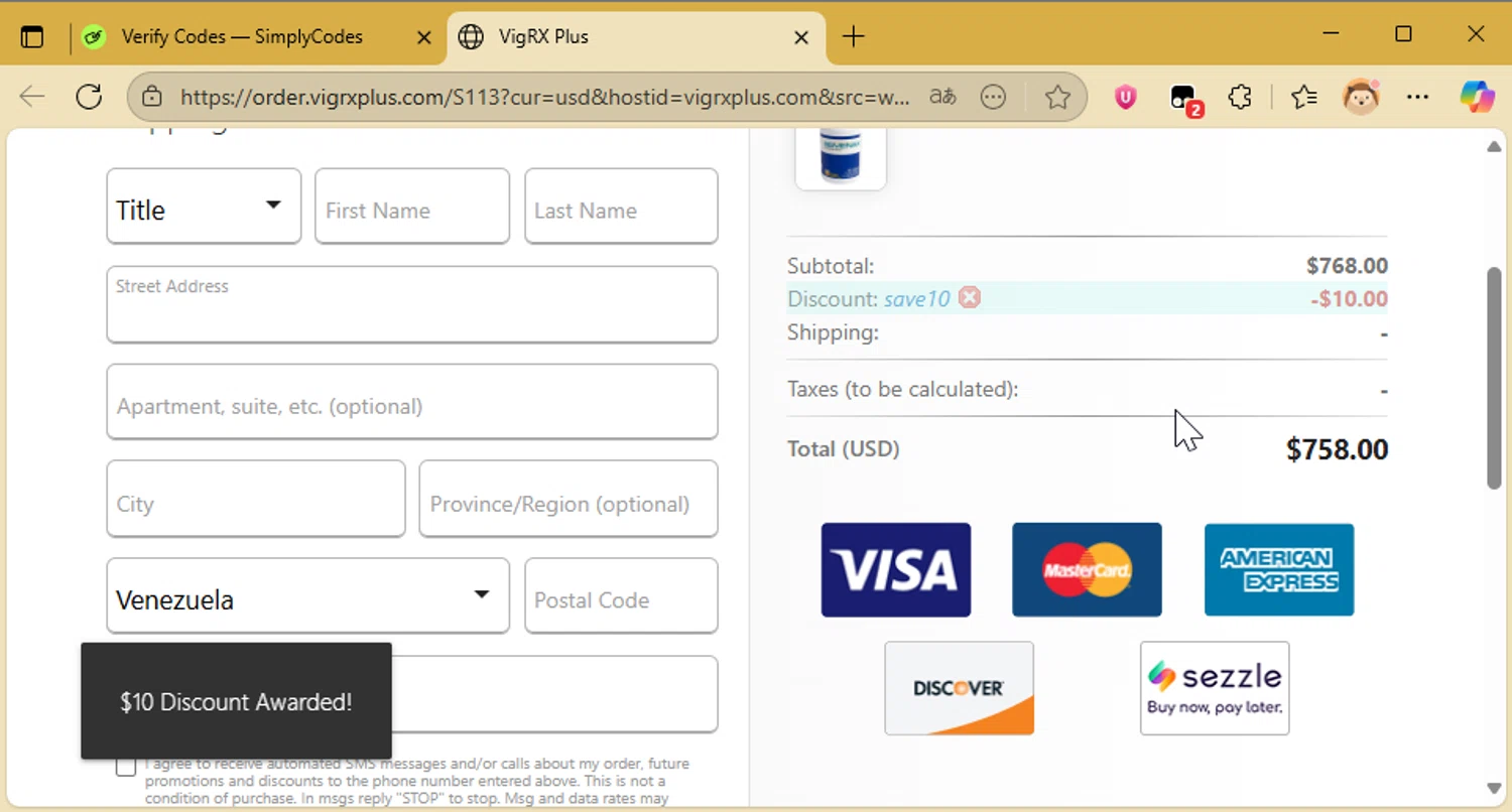 VigRX Plus Store checkout page showing VigRX Plus Store promo code box | Screenshot taken by SimplyCodes community member on Oct 30, 2025