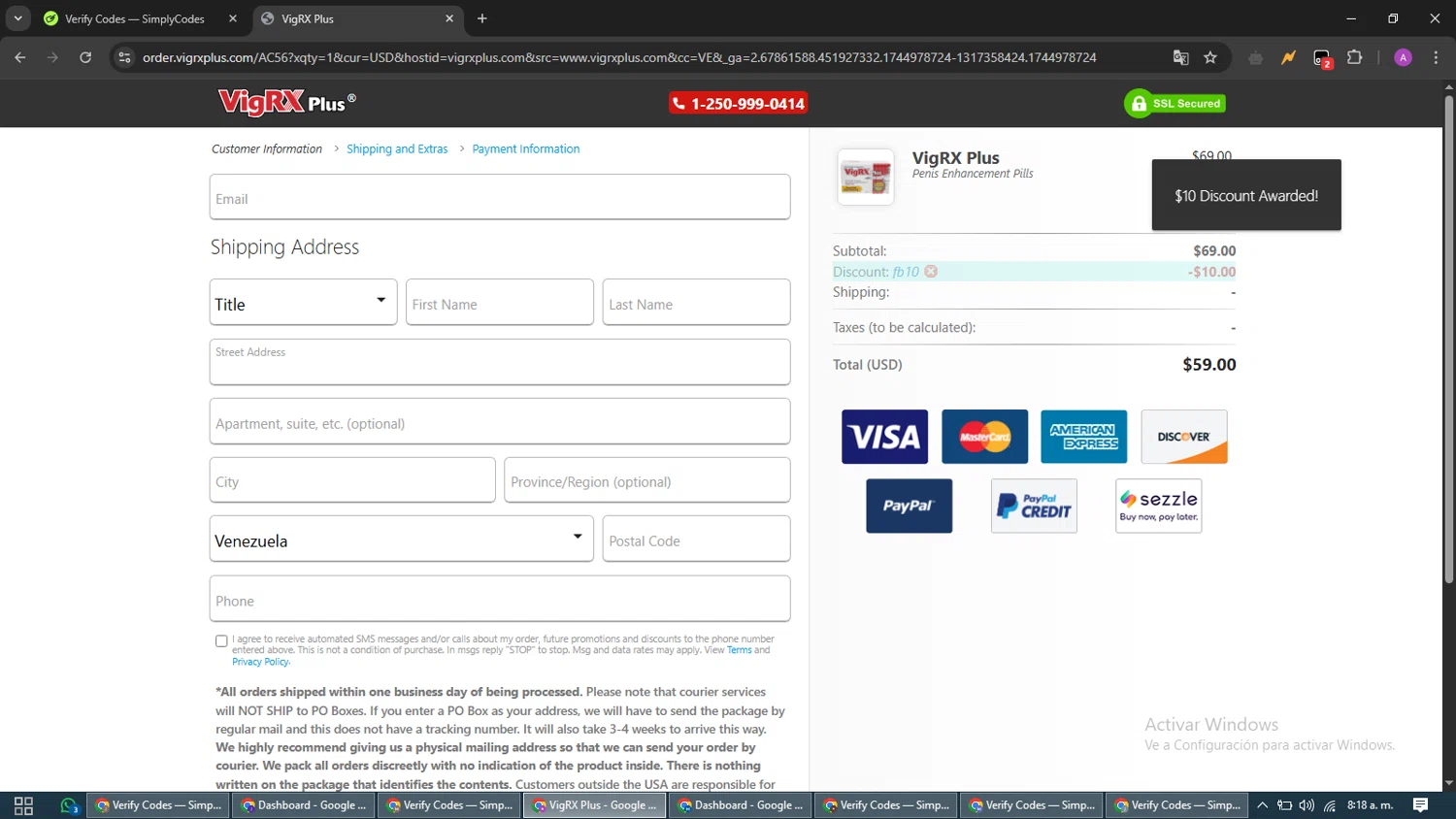 VigRX Plus Store promo code screenshot showing code FB10 applied at VigRX Plus Store checkout page. Uploaded by SimplyCodes community member CouponScout5403 on Apr 18, 2025