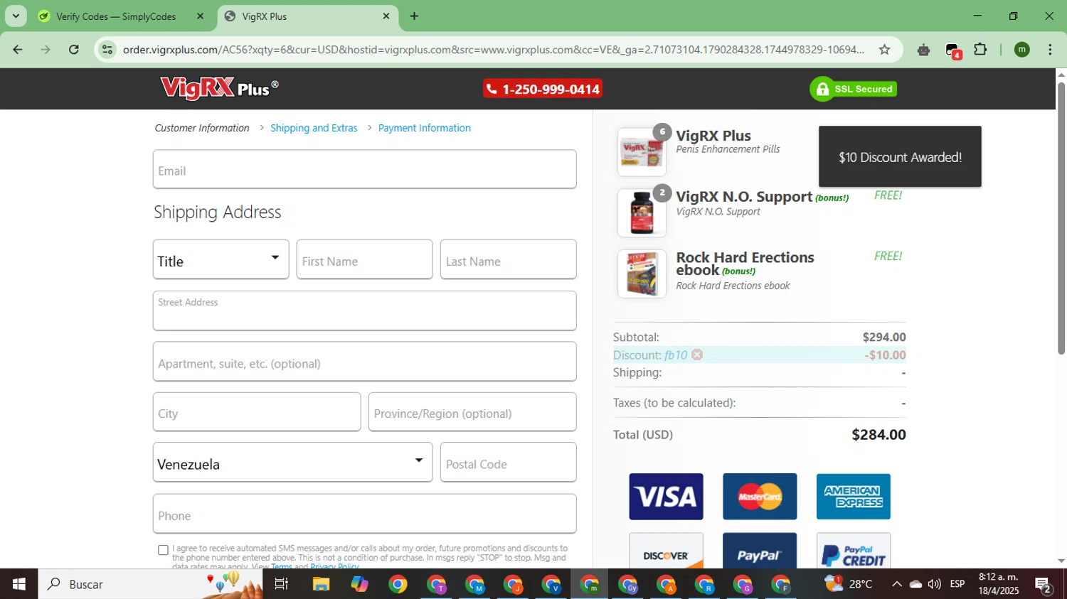VigRX Plus Store promo code screenshot showing code FB10 applied at VigRX Plus Store checkout page. Uploaded by SimplyCodes community member CoinSage7057 on Apr 18, 2025