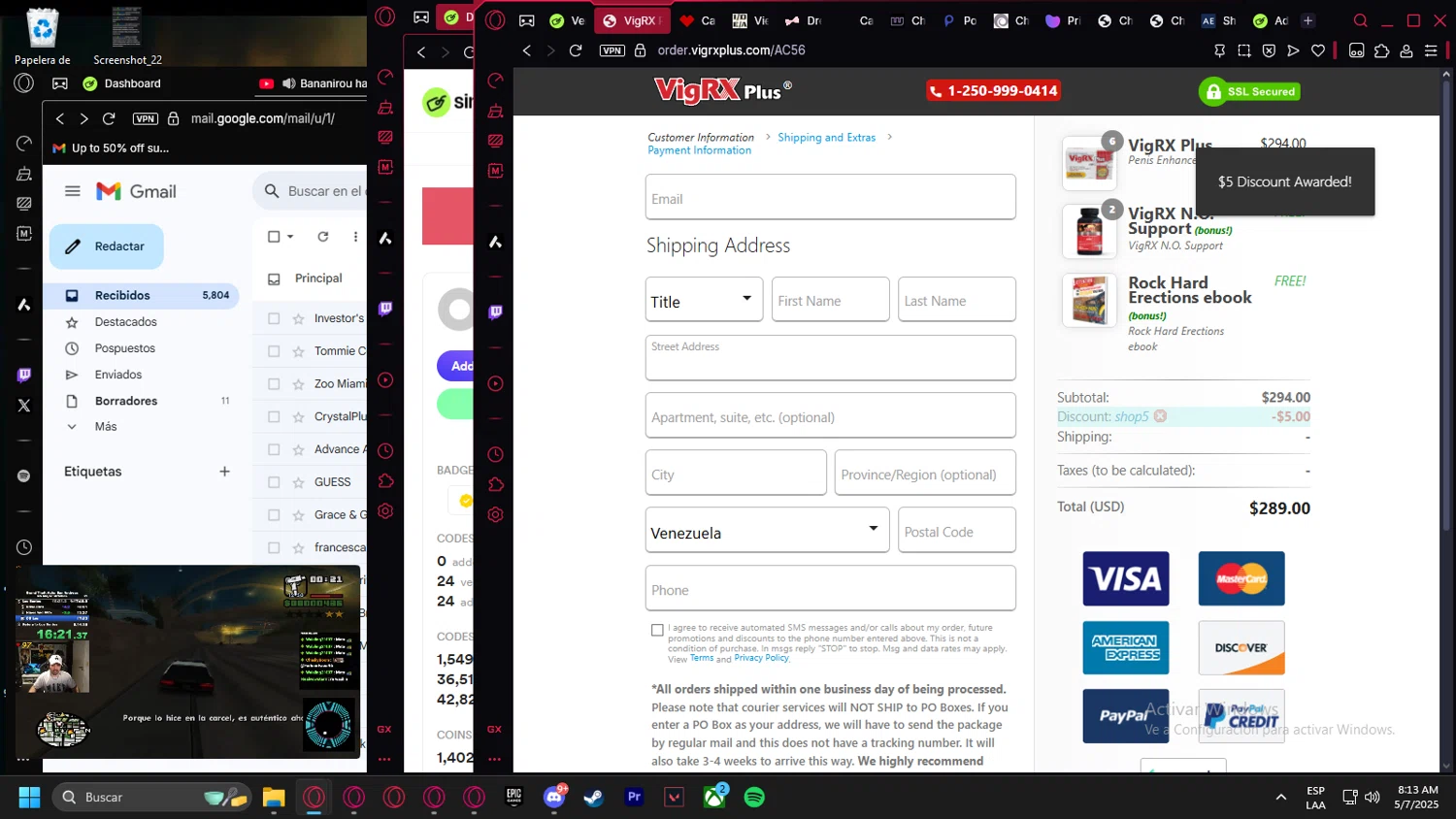 VigRX Plus Store promo code screenshot showing code SHOP5 applied at VigRX Plus Store checkout page. Uploaded by SimplyCodes community member Billyyou on May 7, 2025