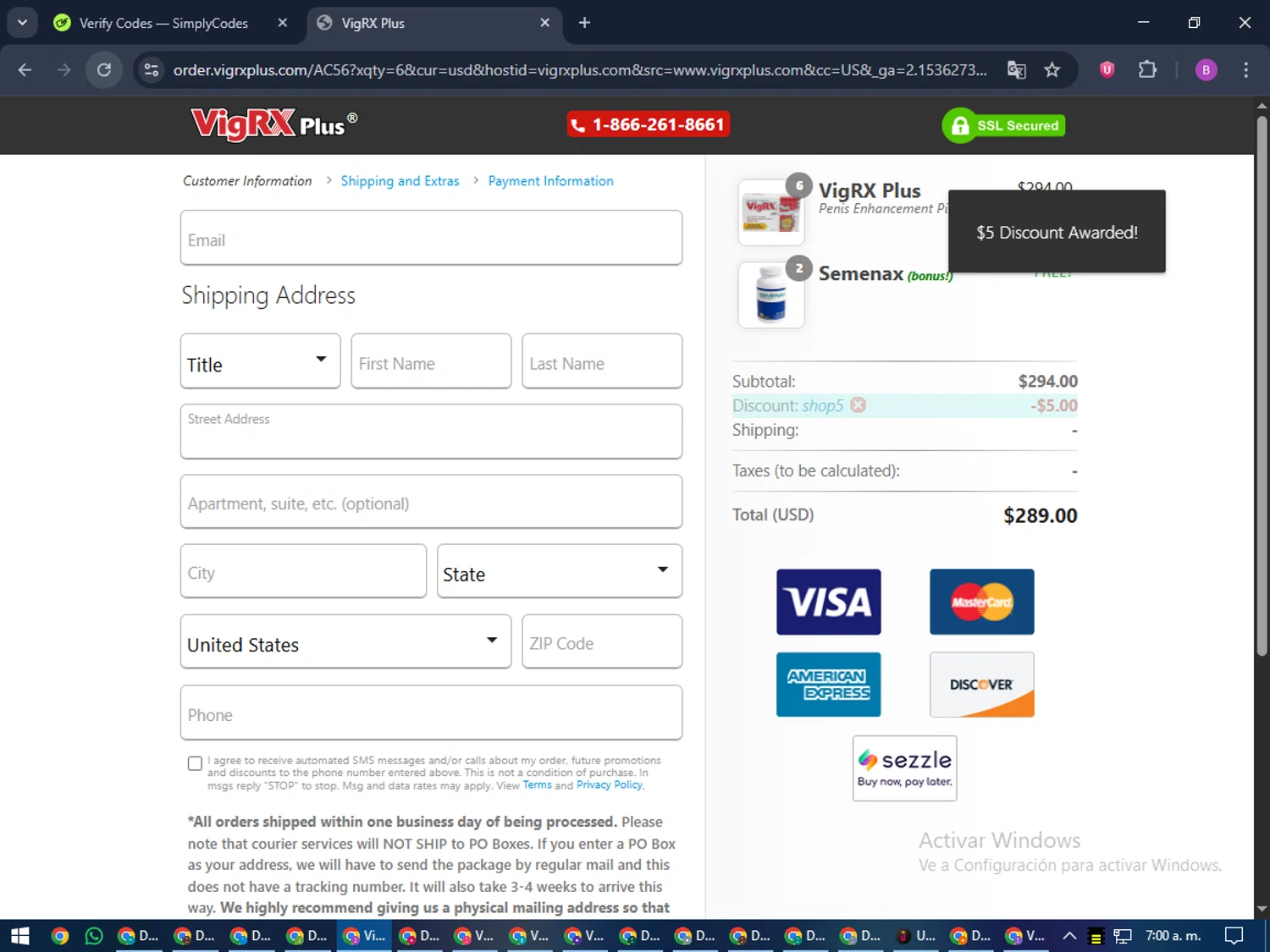 VigRX Plus Store promo code screenshot showing code SHOP5 applied at VigRX Plus Store checkout page. Uploaded by SimplyCodes community member travisscott on Nov 23, 2025