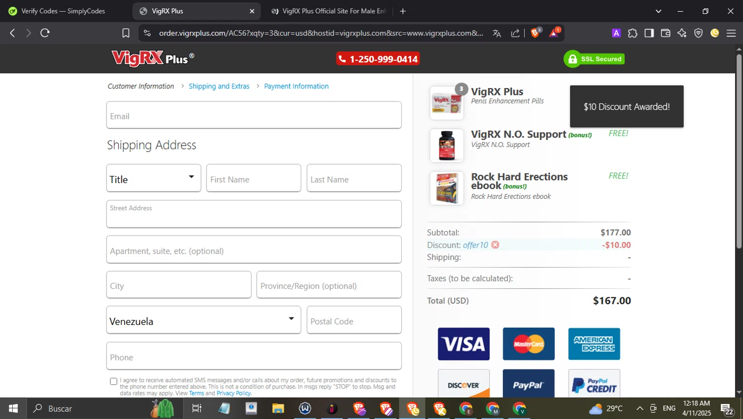 VigRX Plus Store promo code screenshot showing code OFFER10 applied at VigRX Plus Store checkout page. Uploaded by SimplyCodes community member alfredohernandez on Apr 11, 2025