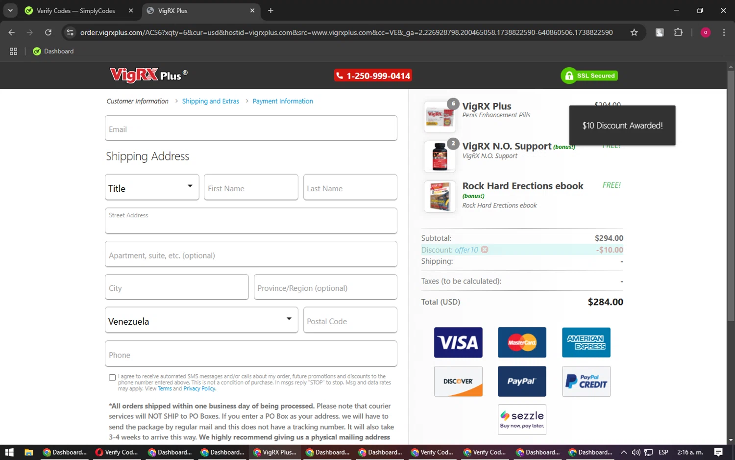 VigRX Plus Store promo code screenshot showing code OFFER10 applied at VigRX Plus Store checkout page. Uploaded by SimplyCodes community member RebateSpotter9164 on Feb 6, 2025