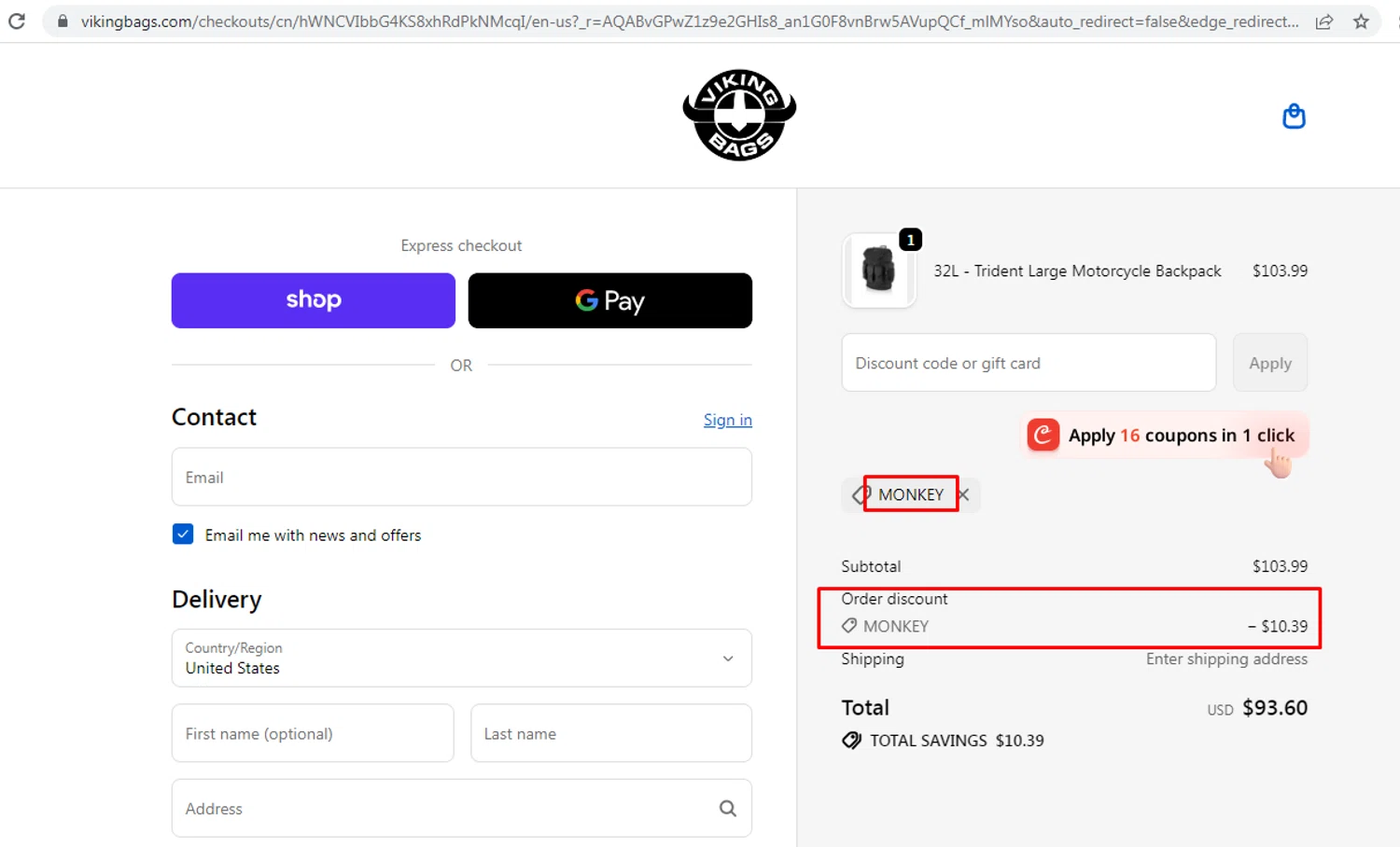 Viking Bags promo code screenshot showing code MONKEY applied at Viking Bags checkout page. Uploaded by SimplyCodes community member nileskamarcano on May 23, 2026