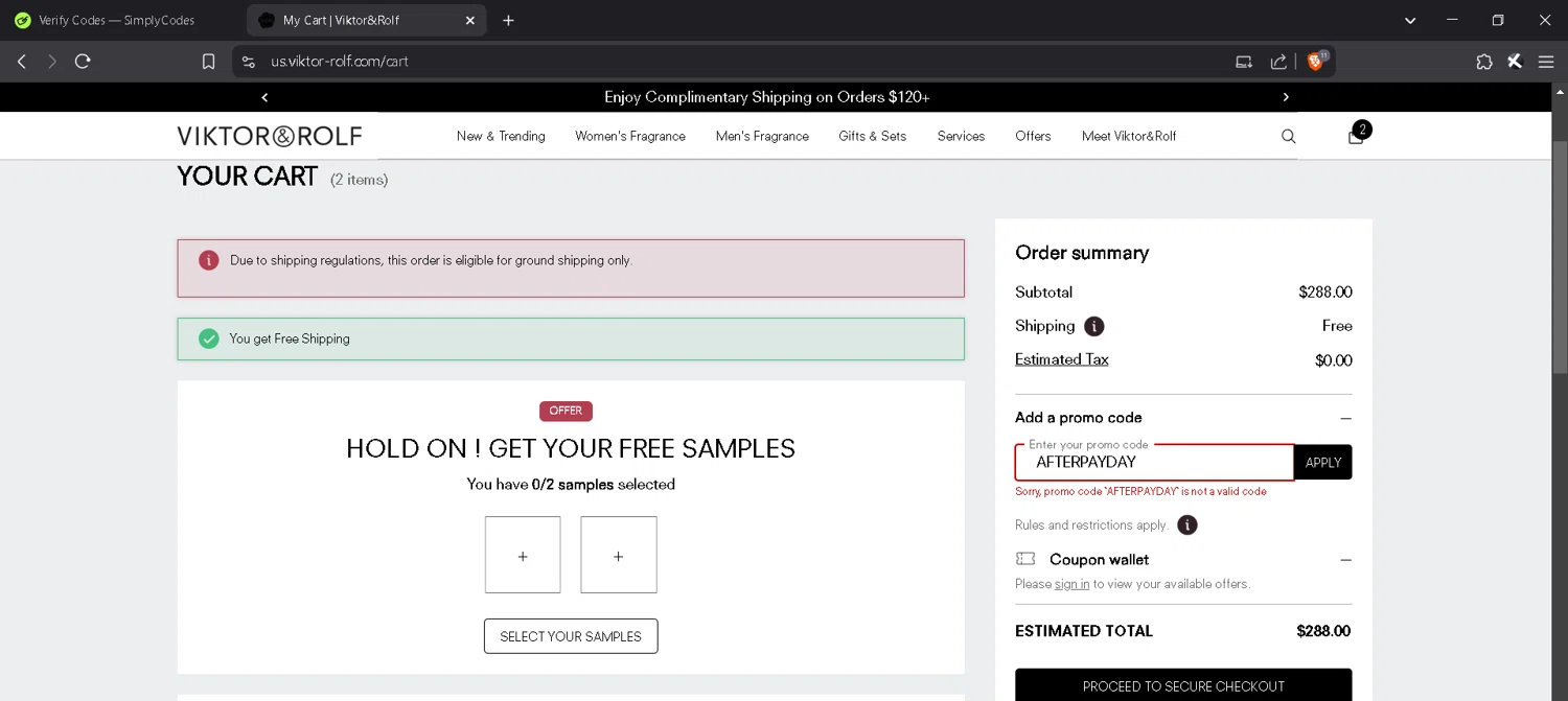 Viktor & Rolf promo code screenshot showing code AFTERPAYDAY applied at Viktor & Rolf checkout page. Uploaded by SimplyCodes community member MadaraUchiha07 on Mar 27, 2025