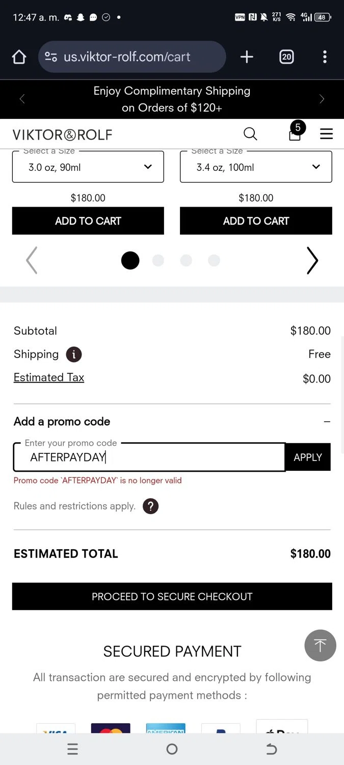 Viktor & Rolf checkout page showing Viktor & Rolf promo code box | Screenshot taken by SimplyCodes community member on Dec 27, 2024