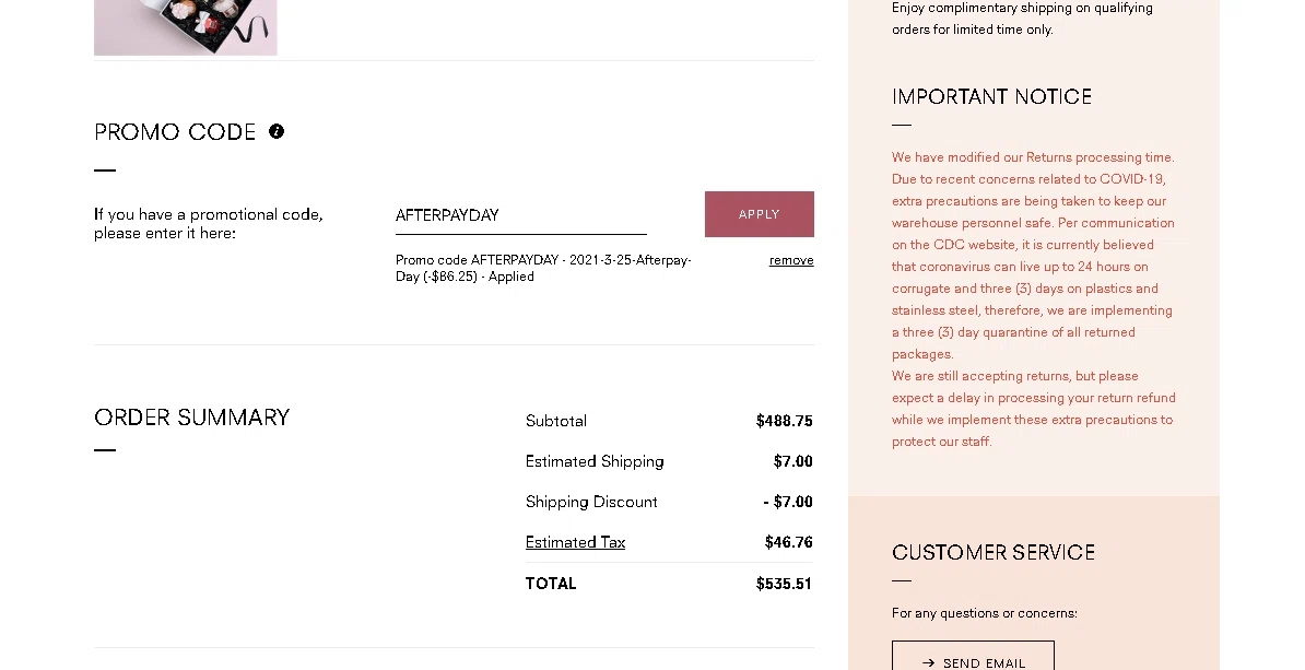 Viktor & Rolf checkout page showing Viktor & Rolf promo code box | Screenshot taken by SimplyCodes community member on Mar 25, 2021