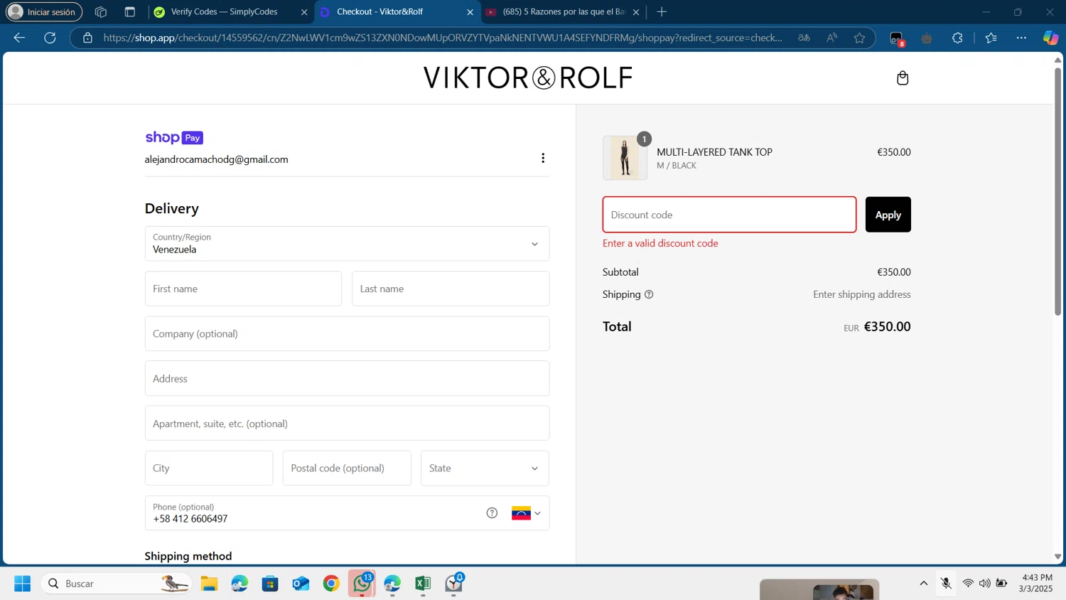 Viktor & Rolf promo code screenshot showing code BF10 applied at Viktor & Rolf checkout page. Uploaded by SimplyCodes community member Lamine_Yamal on Mar 3, 2025