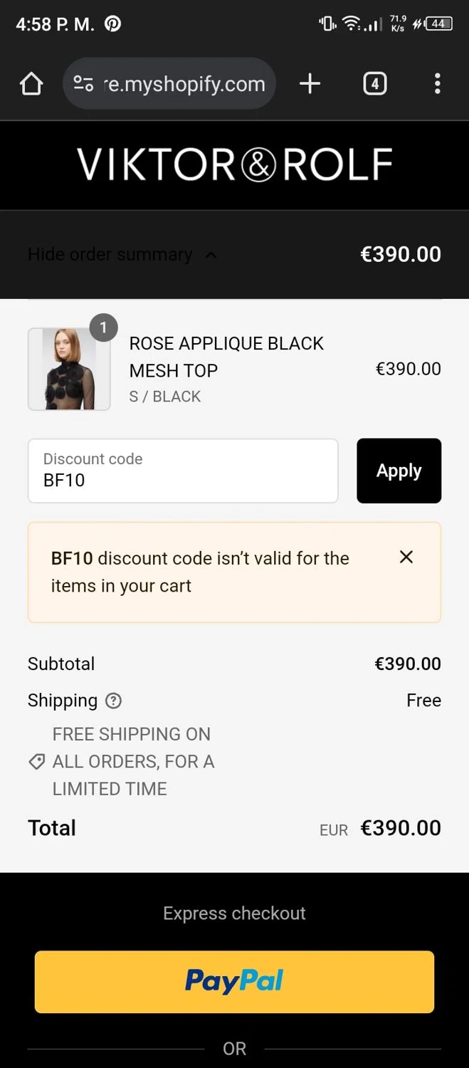 Viktor & Rolf checkout page showing Viktor & Rolf promo code box | Screenshot taken by SimplyCodes community member on Nov 27, 2023