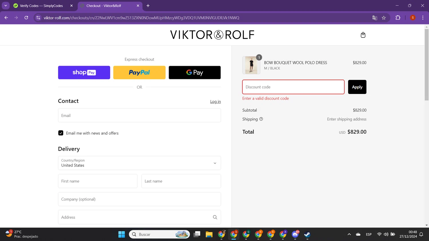Viktor & Rolf promo code screenshot showing code BF10 applied at Viktor & Rolf checkout page. Uploaded by SimplyCodes community member PrimeTracker2179 on Dec 27, 2024