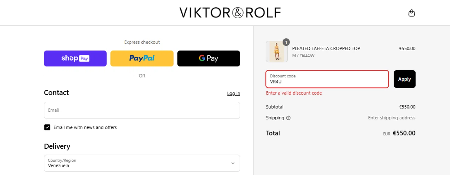 Viktor & Rolf promo code screenshot showing code VR4U applied at Viktor & Rolf checkout page. Uploaded by SimplyCodes community member CleverWhiz2265 on Mar 25, 2025