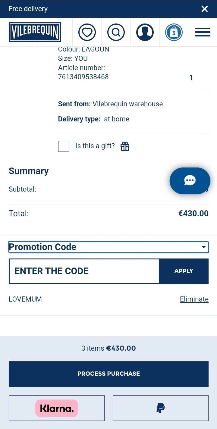Vilebrequin checkout page showing Vilebrequin promo code box | Screenshot taken by SimplyCodes community member on May 2, 2023