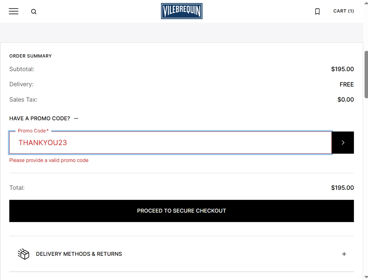Vilebrequin promo code screenshot showing code THANKYOU23 applied at Vilebrequin checkout page. Uploaded by SimplyCodes community member ValiantLion5897 on Oct 29, 2025